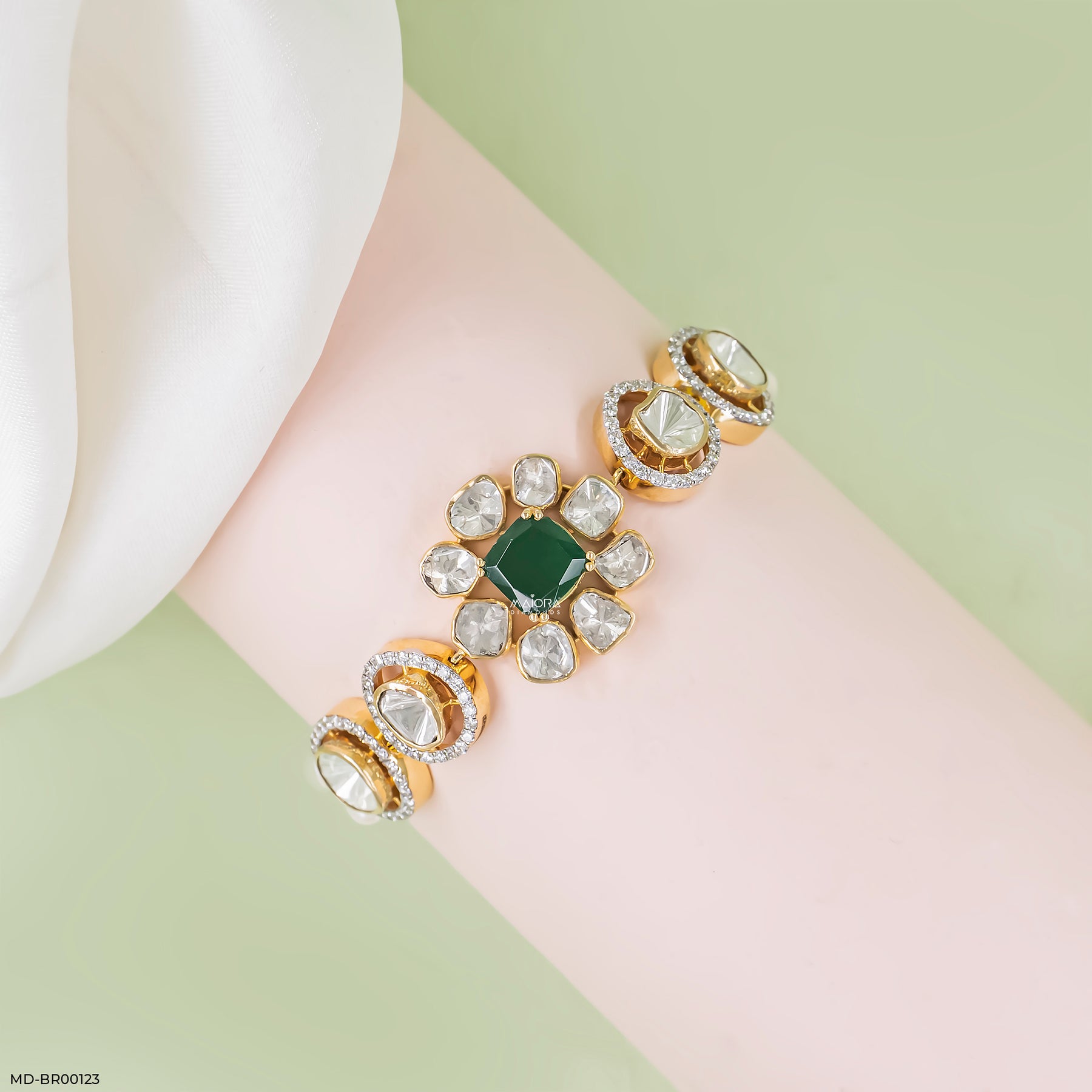 1 Carat Kundan Polki & Emerald Floral Link Lab Diamond Bracelet 14K Yellow Gold