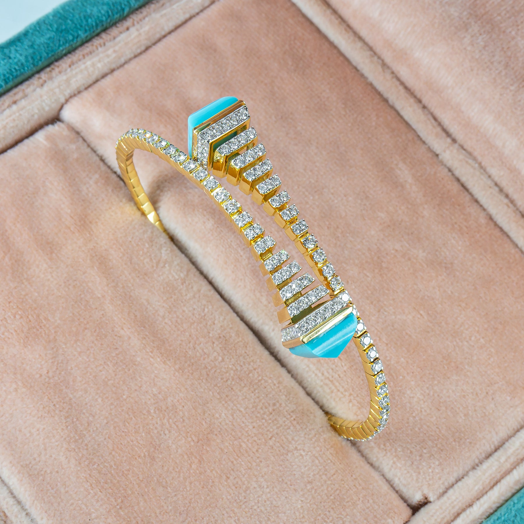 Turquoise Bypass Diamond Bracelets 14K Yellow Gold