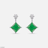 Charming Emerald Diamond Earrings 14K White Gold