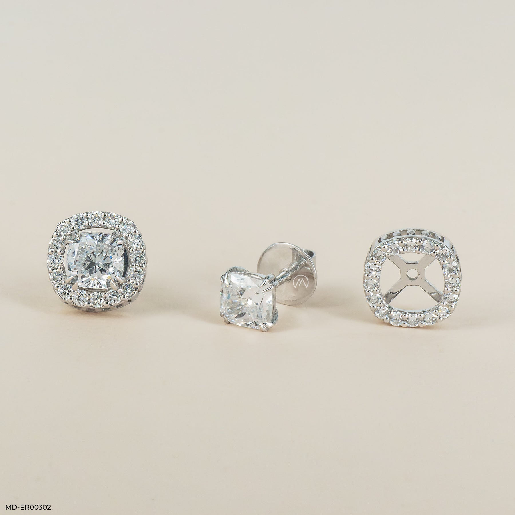 2 Carat Cushion Solitaire Halo Detachable Earrings 18K Yellow Gold