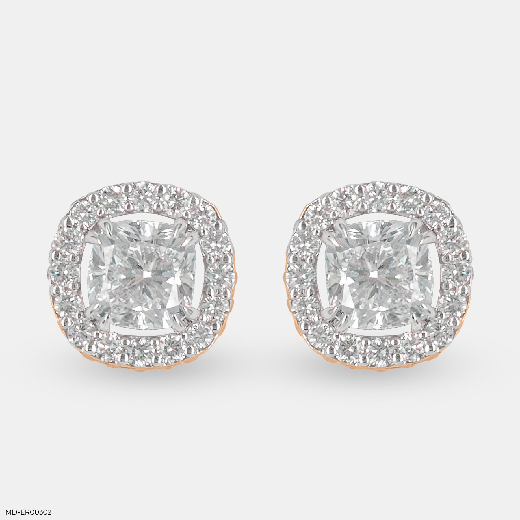 2 Carat Cushion Solitaire Halo Detachable Earrings 18K Yellow Gold