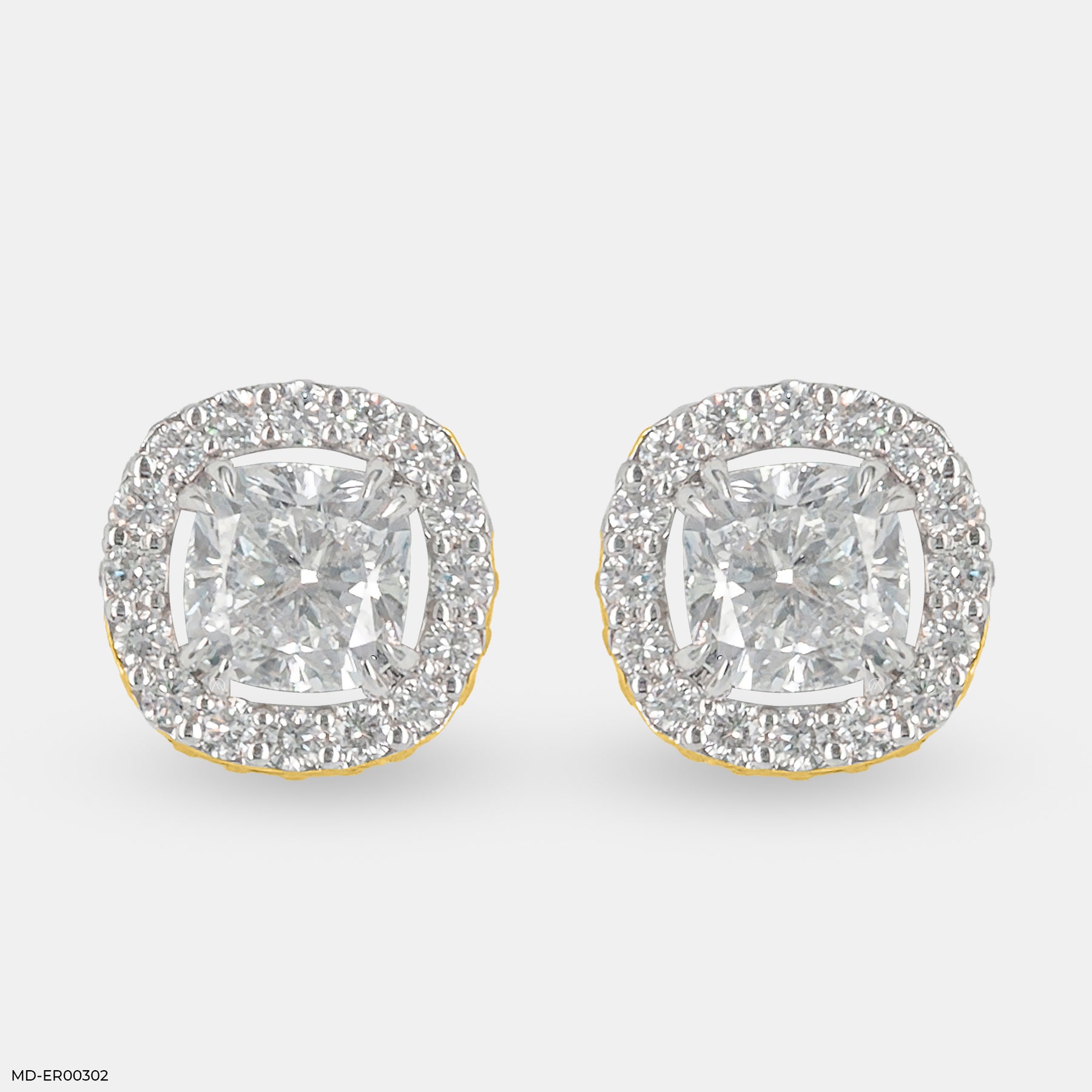 2 Carat Cushion Solitaire Halo Detachable Earrings 18K Yellow Gold