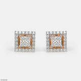 Princess Halo Diamond Studs Earrings 14K Yellow Gold