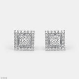 Princess Halo Diamond Studs Earrings 14K White Gold