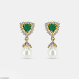 Emerald Pearl Drop Earrings 14K White Gold