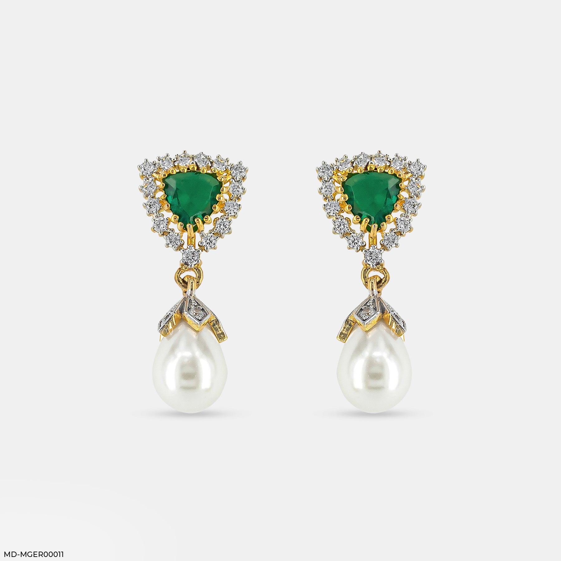 Emerald Pearl Drop Earrings 14K White Gold