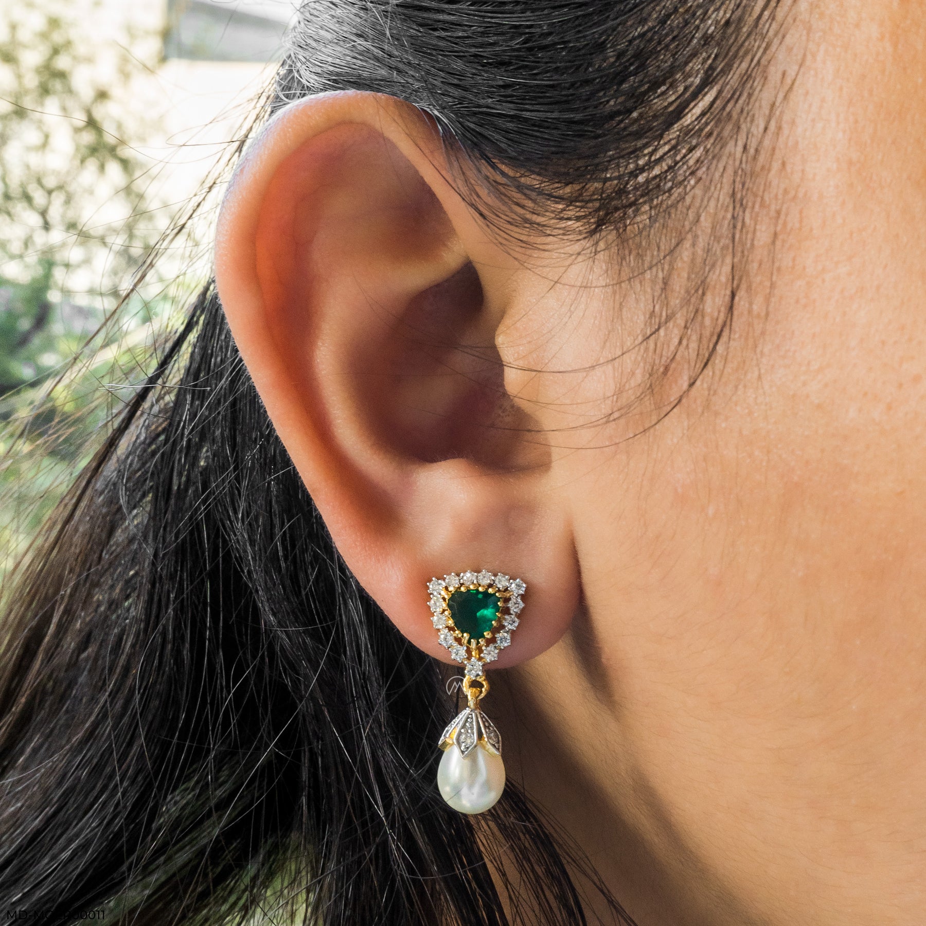 Emerald Pearl Drop Earrings 14K White Gold