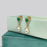 Emerald Pearl Drop Earrings 14K White Gold