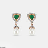 Emerald Pearl Drop Earrings 14K White Gold