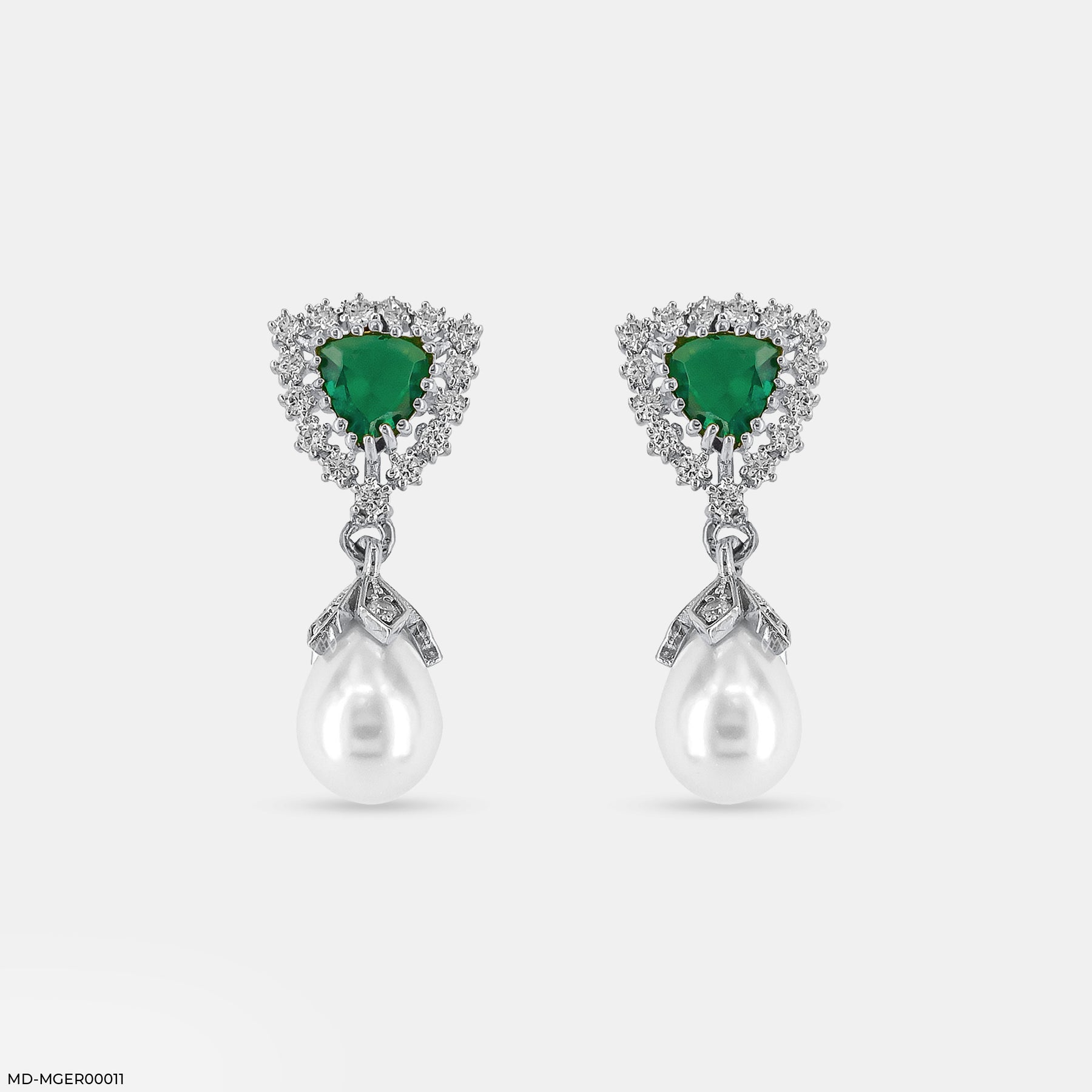 Emerald Pearl Drop Earrings 14K White Gold