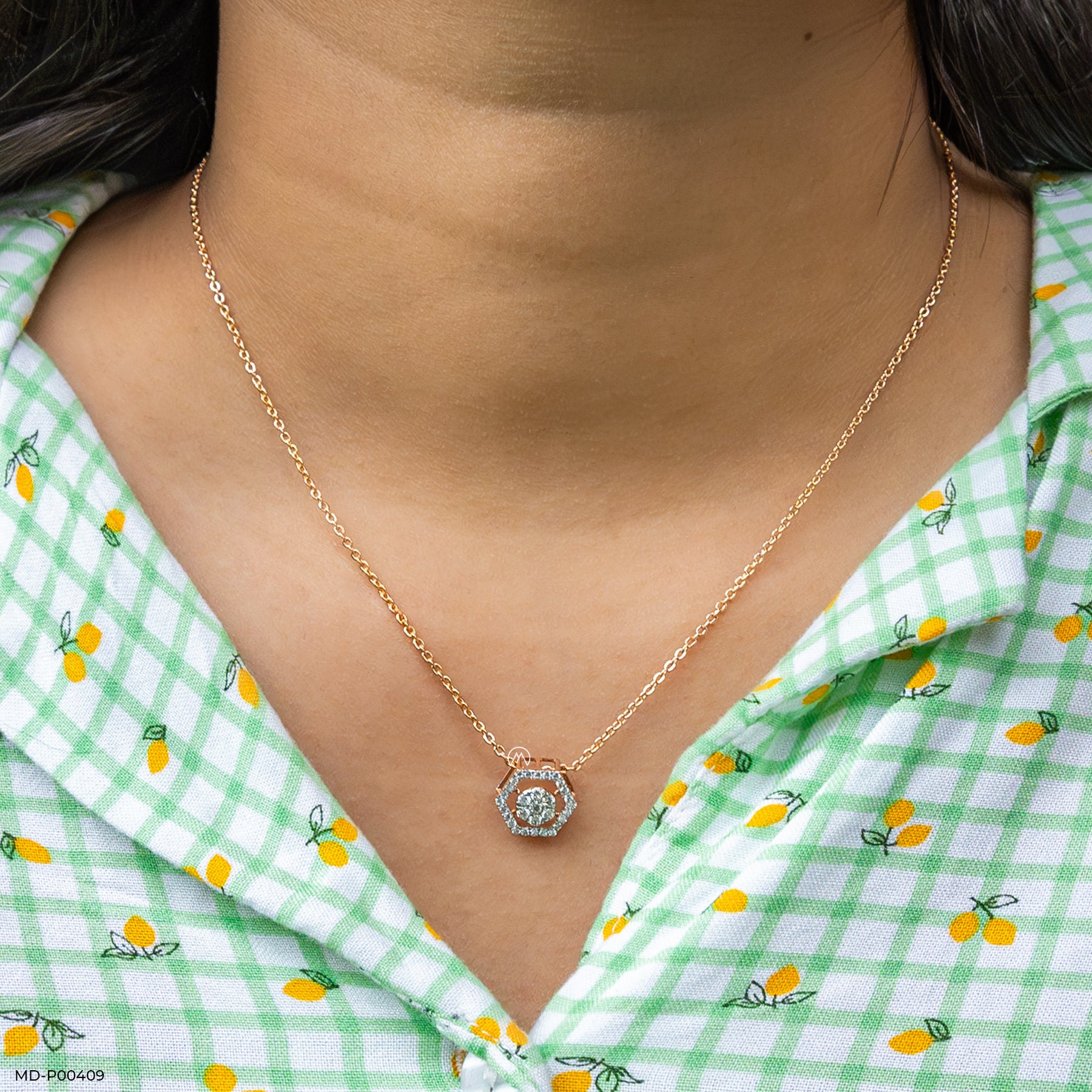 Hexagon Shaped Diamond Pendant 14K Rose Gold