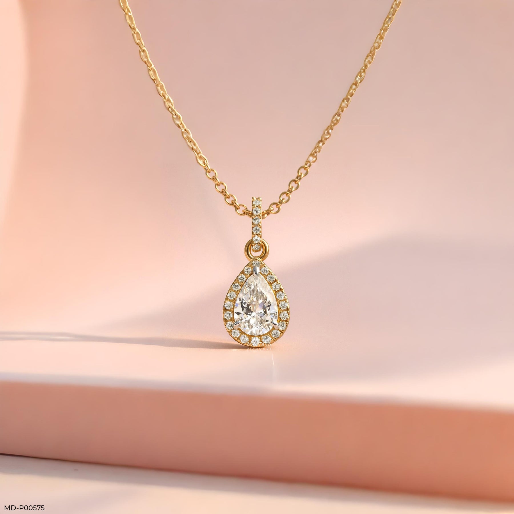 Pear Halo Solitaire Pendant 14K Yellow Gold