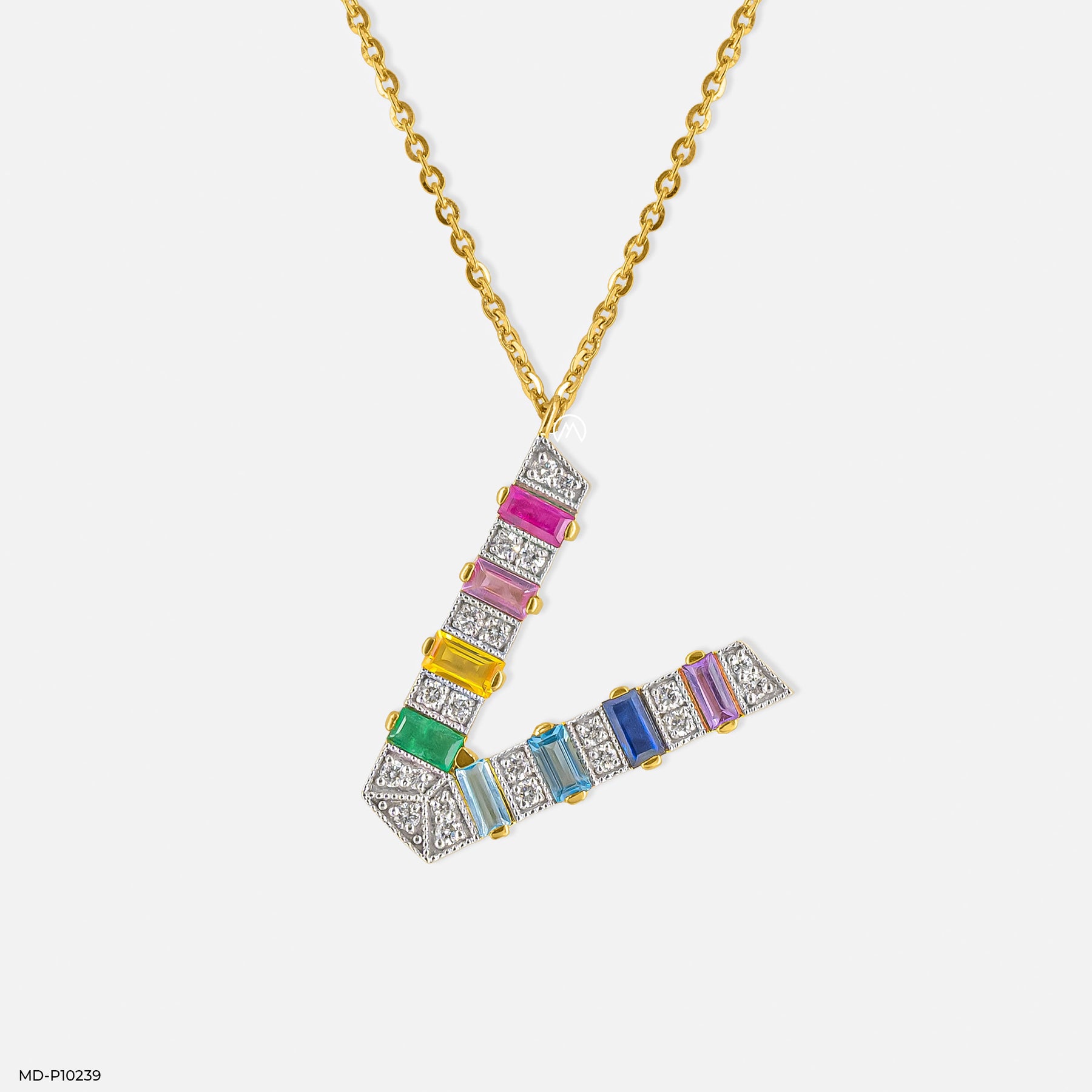 Multicolor Gemstone V Pendant 14K Yellow Gold