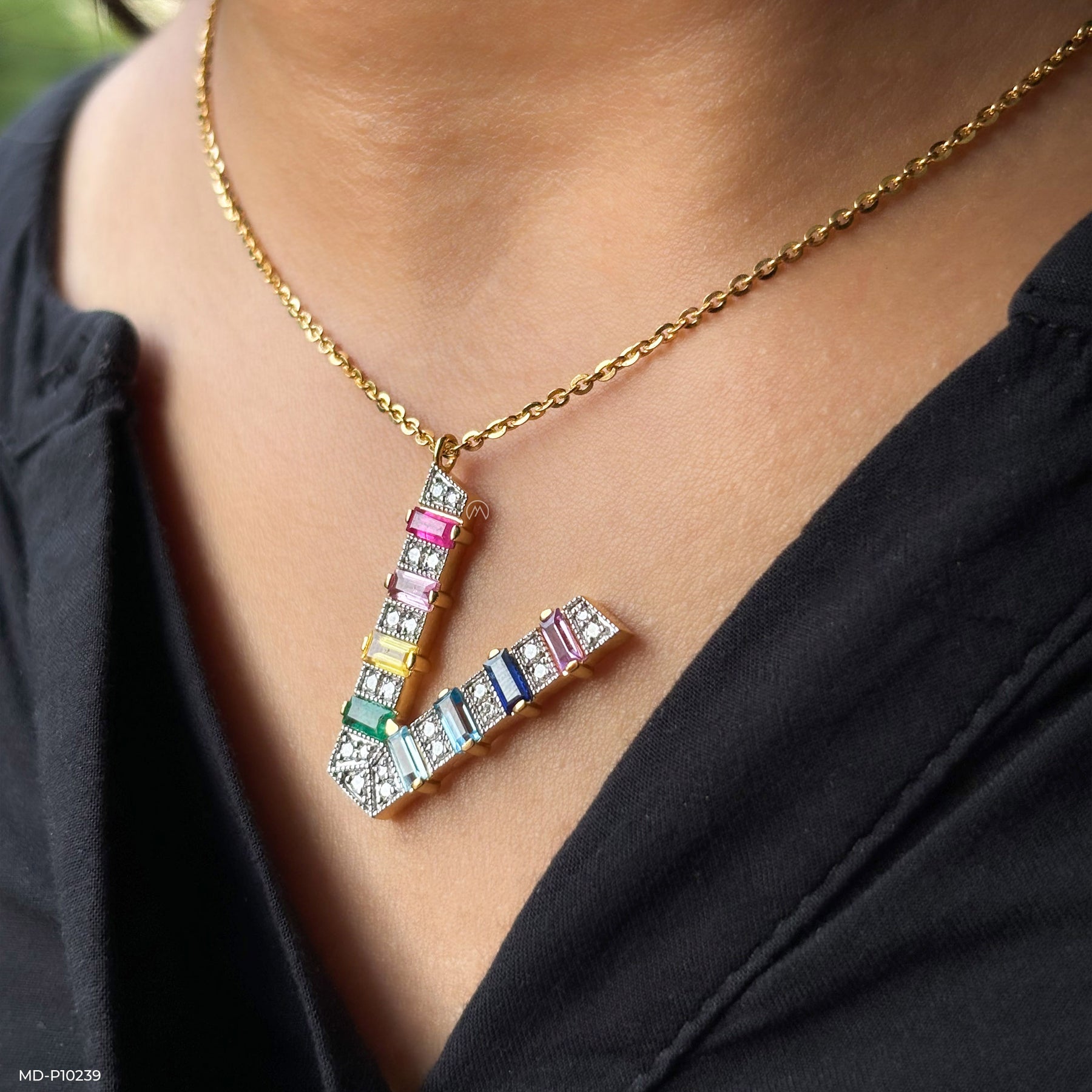 Multicolor Gemstone V Pendant 14K Yellow Gold