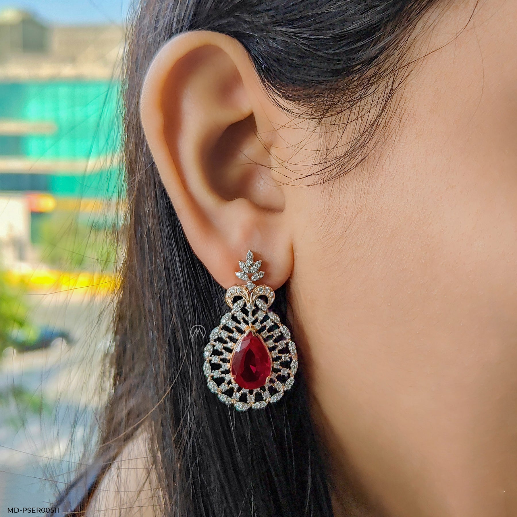 Vivid Crimson Earrings 14K White Gold