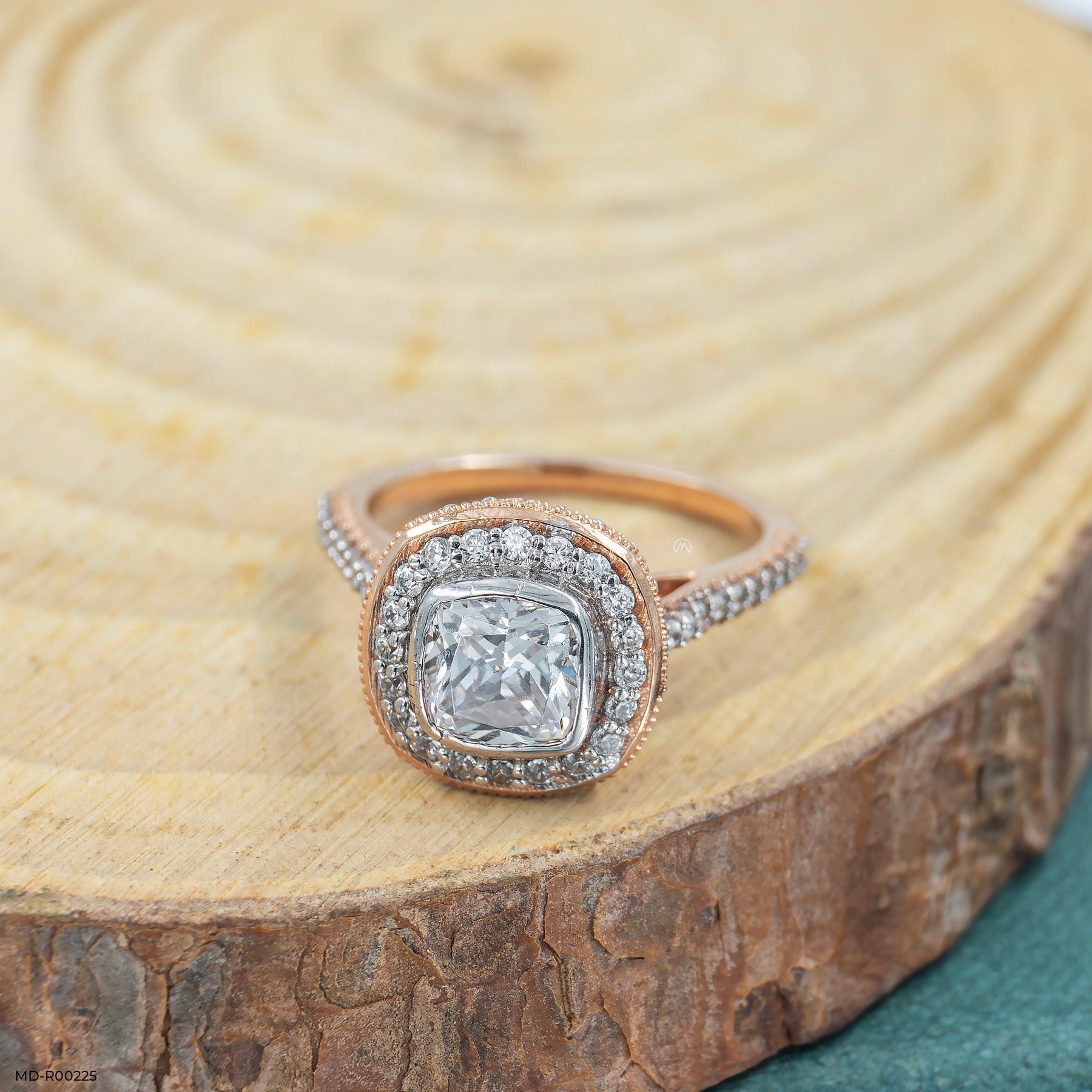 1.5 Carat Cushion Solitaire Halo Ring 9K Rose Gold