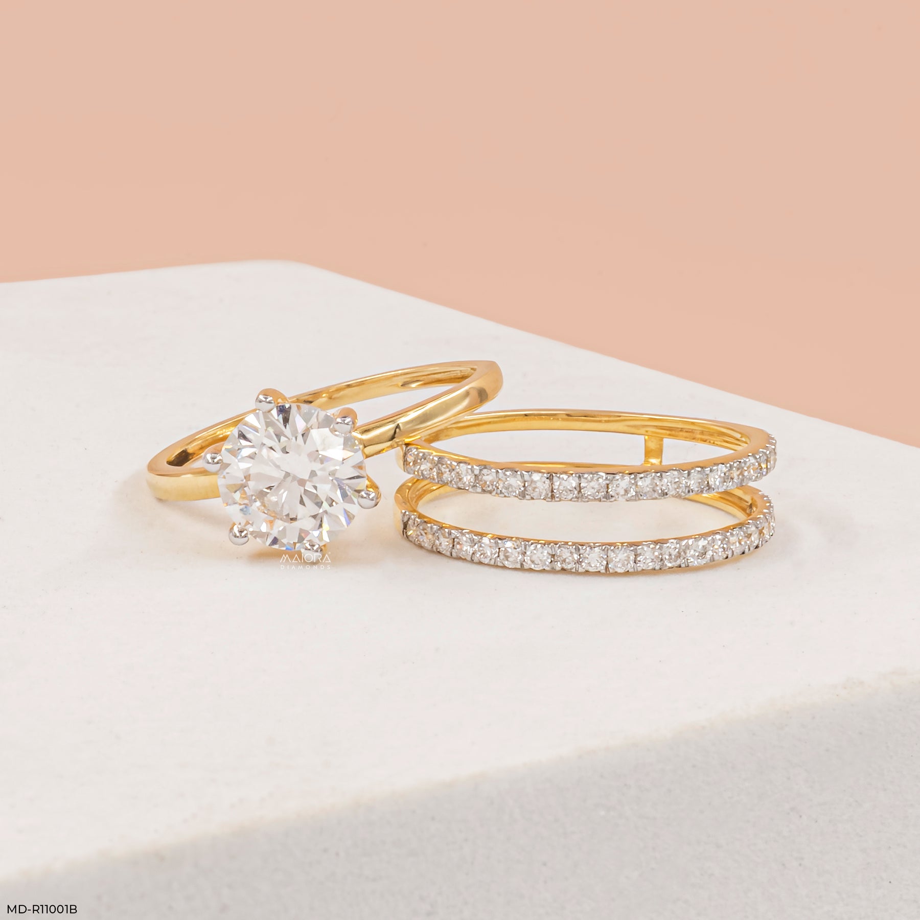2 Carat Classic Solitaire & Double Pave Band Set 14K Yellow Gold