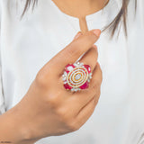 Scarlet Oval Ruby Halo Diamond Cocktail Ring 18K White Gold