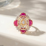 Scarlet Oval Ruby Halo Diamond Cocktail Ring 18K White Gold