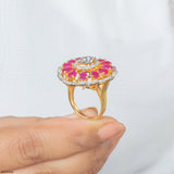 Openwork Pear Ruby Floral Diamond Cocktail Ring 14K White Gold