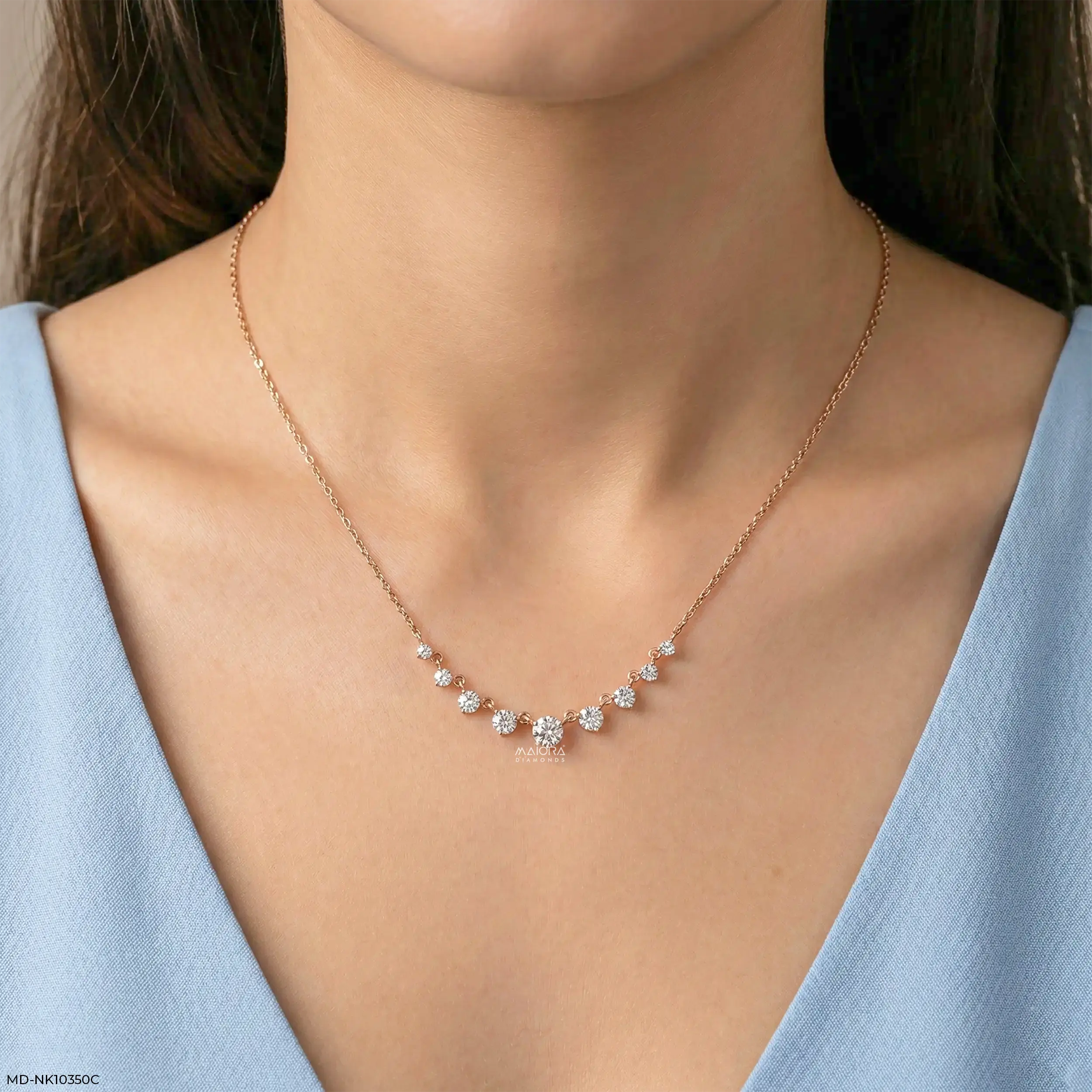 3.75 Carat 9 Solitaire Contemporary Lab Diamond Necklace 14K Rose Gold