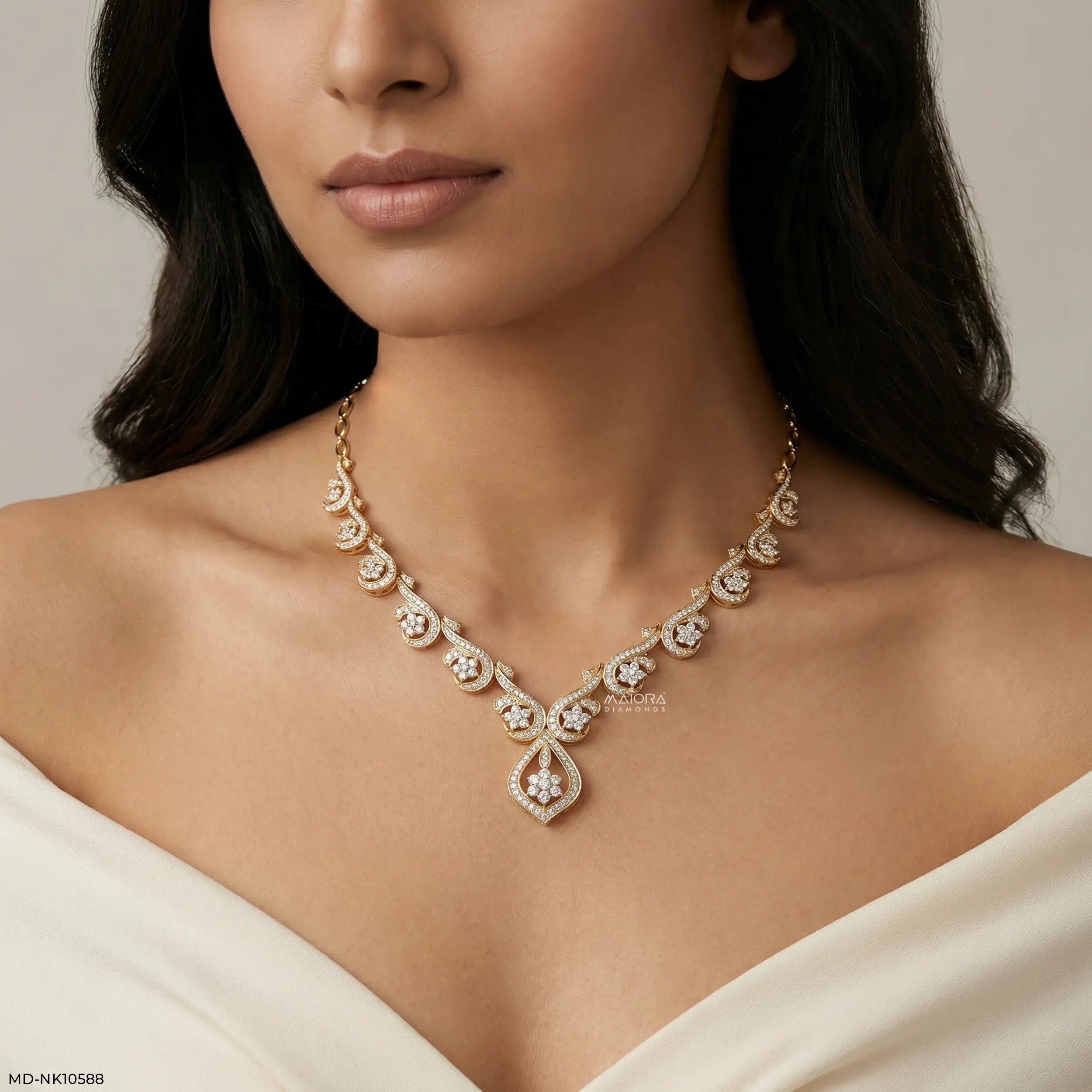 Floral Golden Swirl Diamond Necklace 9K Yellow Gold
