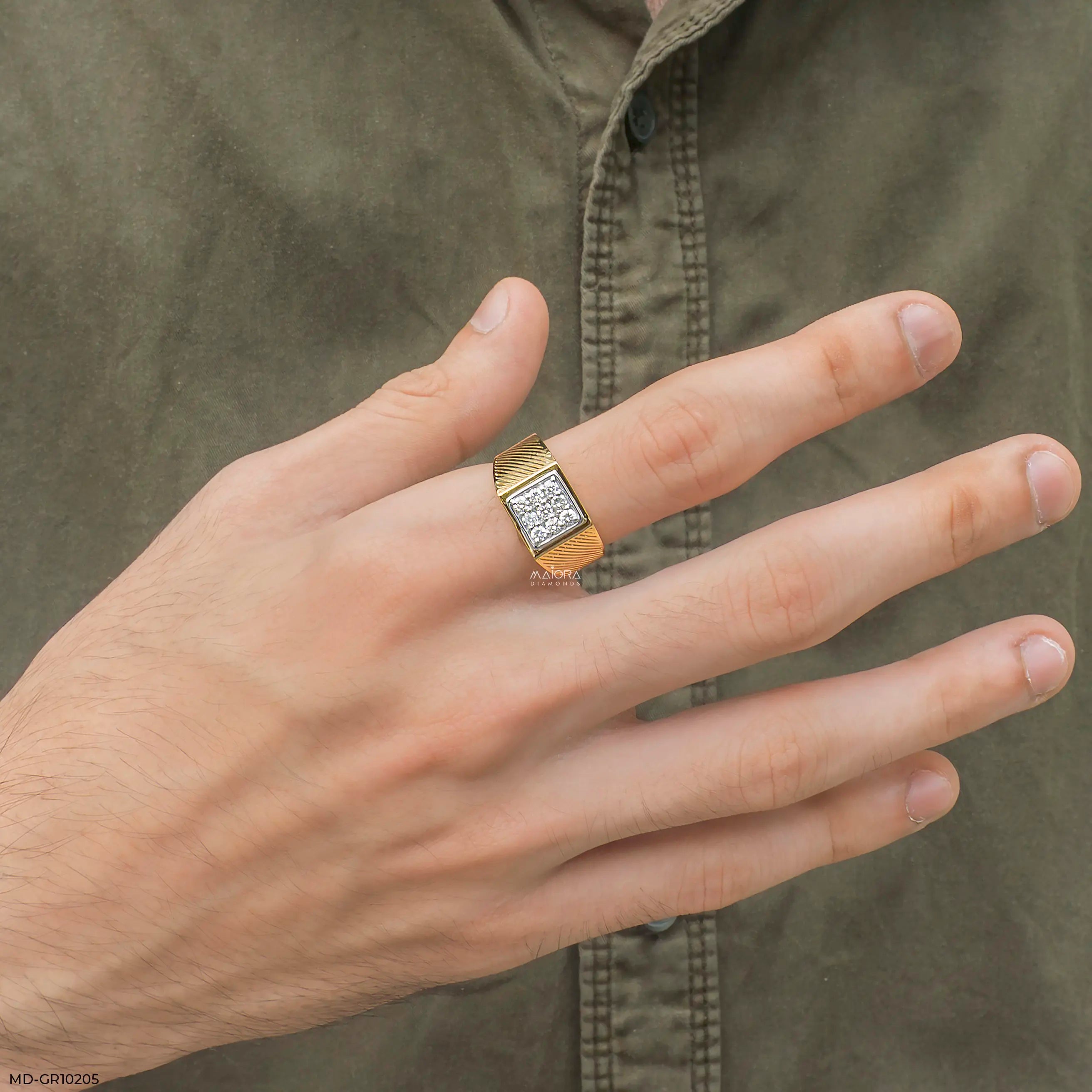 Gable Square Diamond Cluster Men Ring 9K Yellow Gold