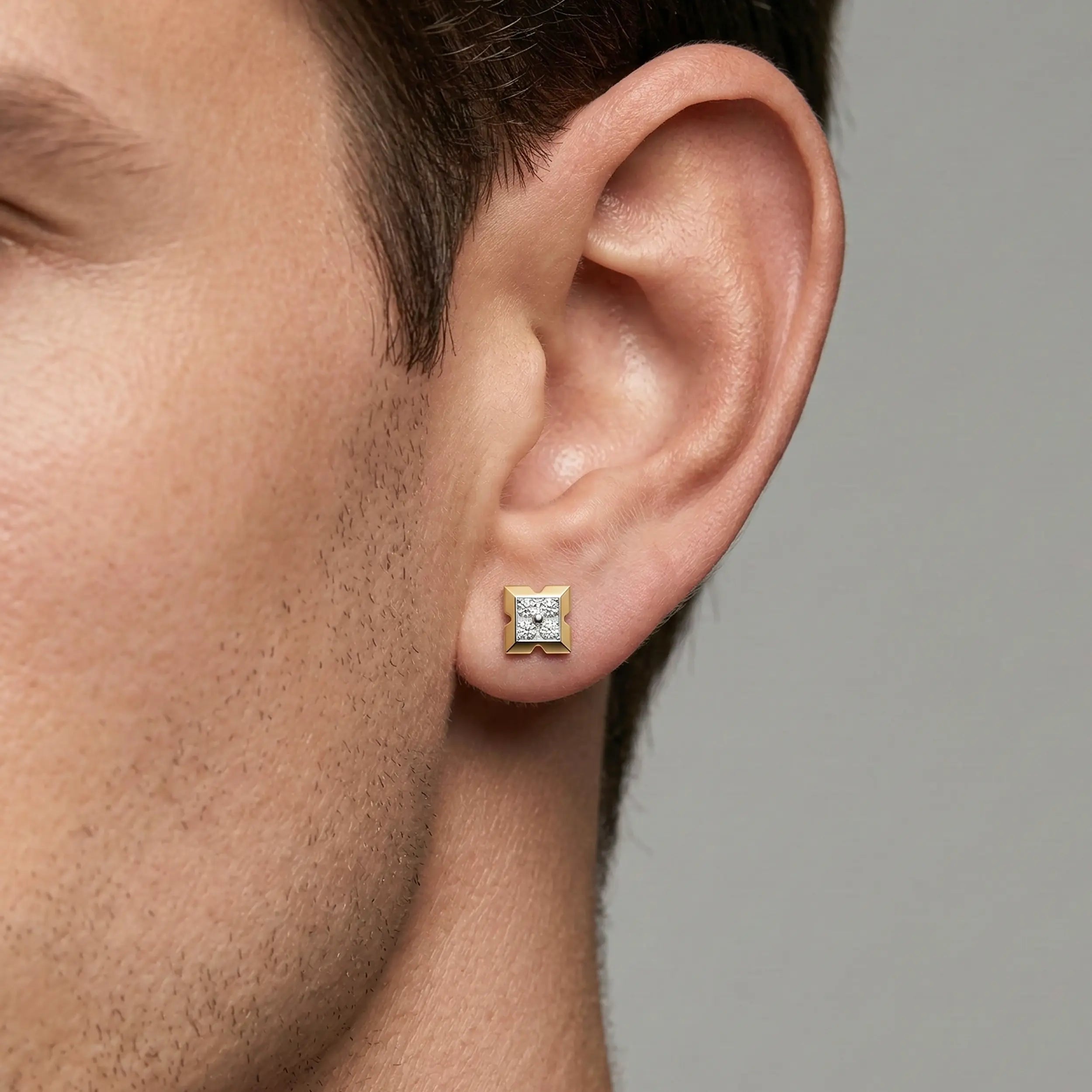 Geomatric Diamond Mens Stud Earring 9K Yellow Gold