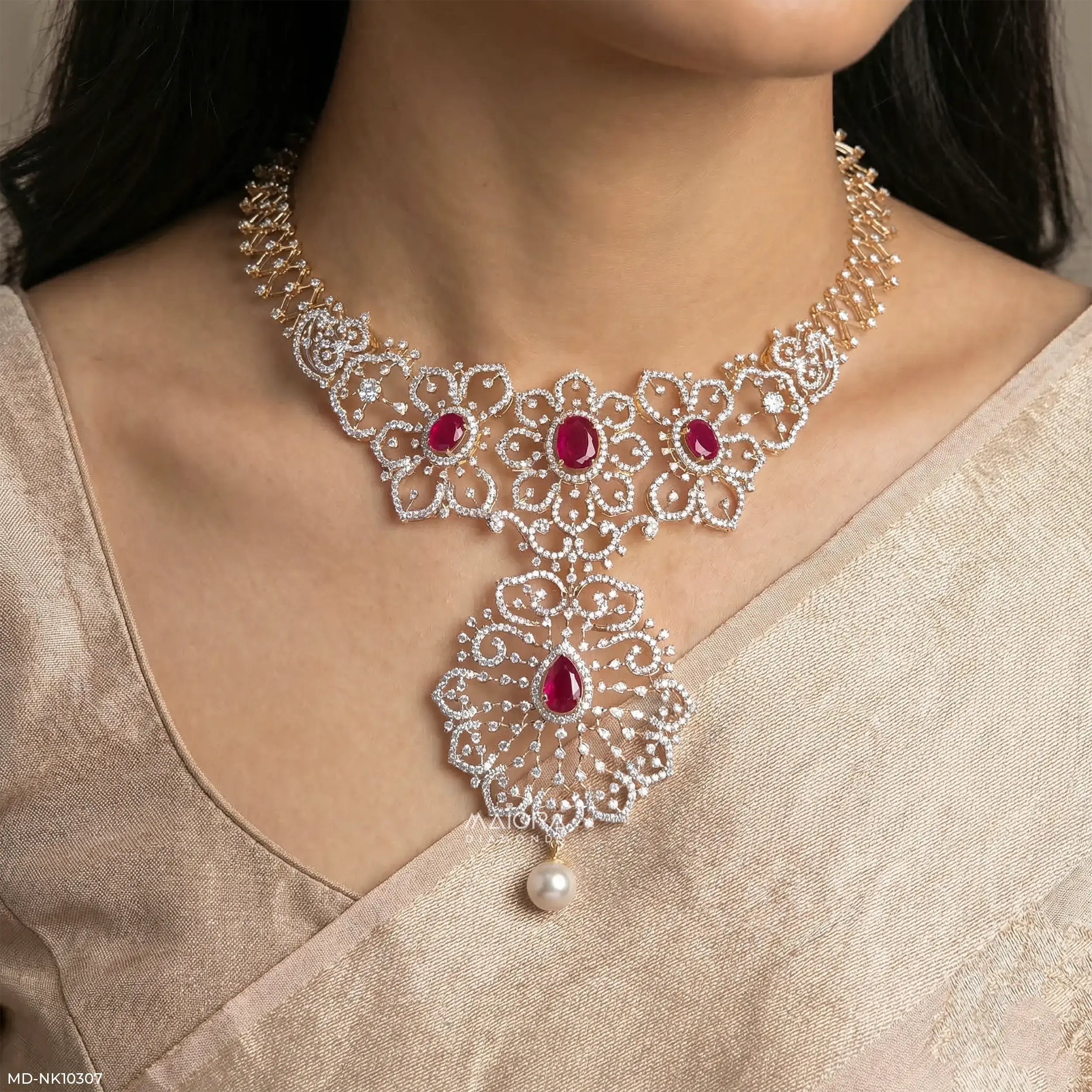 Glided Scarlet Floral Diamond Necklace 9K Yellow Gold