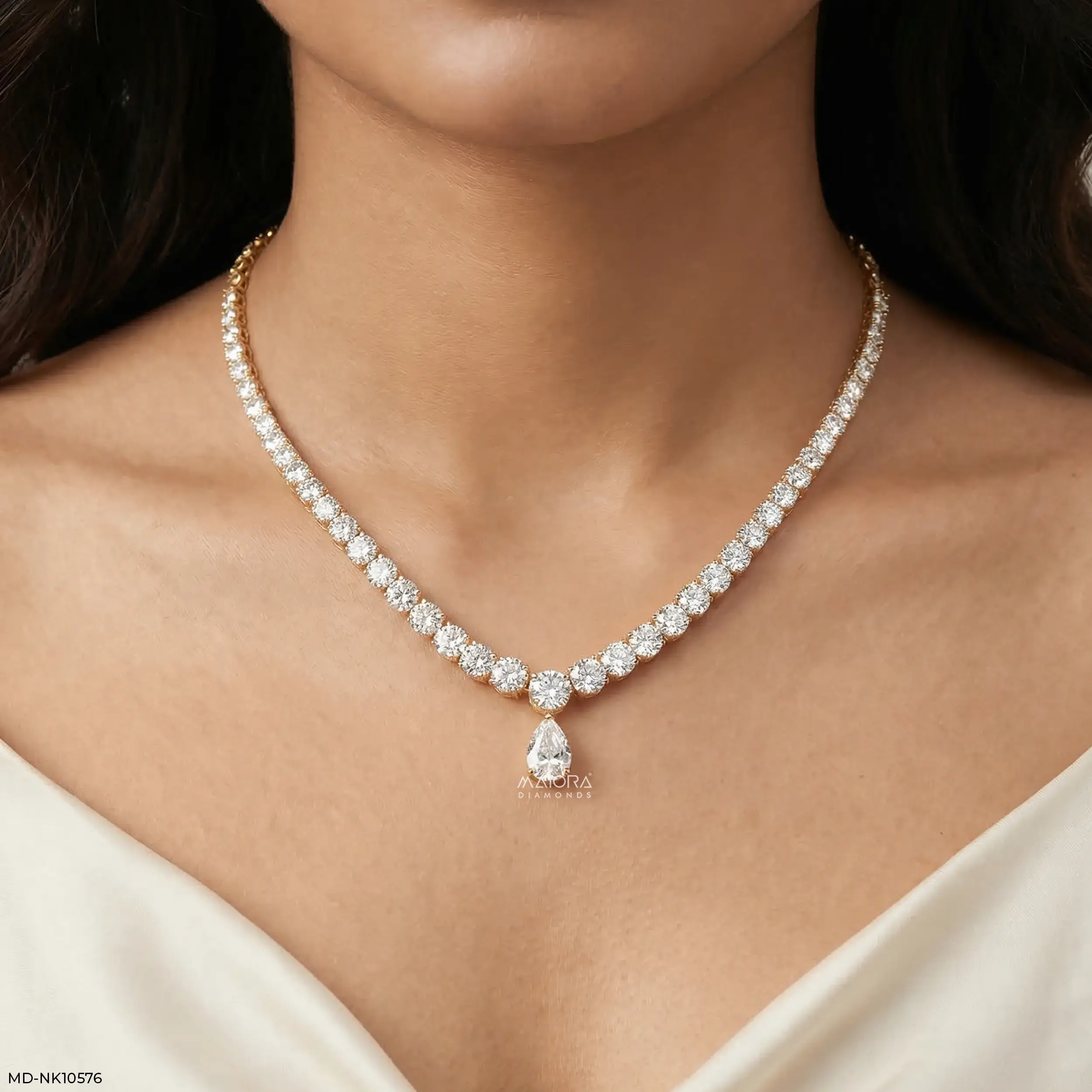 Gracefall Solitaire Diamond Tennis Necklace 9K Yellow Gold