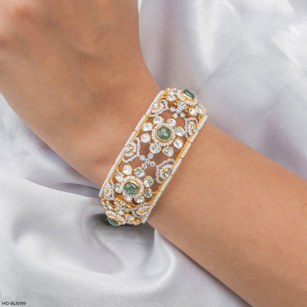 3.5 Carat Emerald Enchant Polki Kada Bangle 18K Yellow Gold