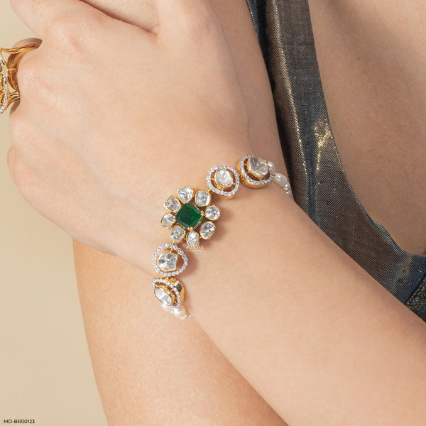 1 Carat Kundan Polki & Emerald Floral Link Lab Diamond Bracelet 14K Yellow Gold