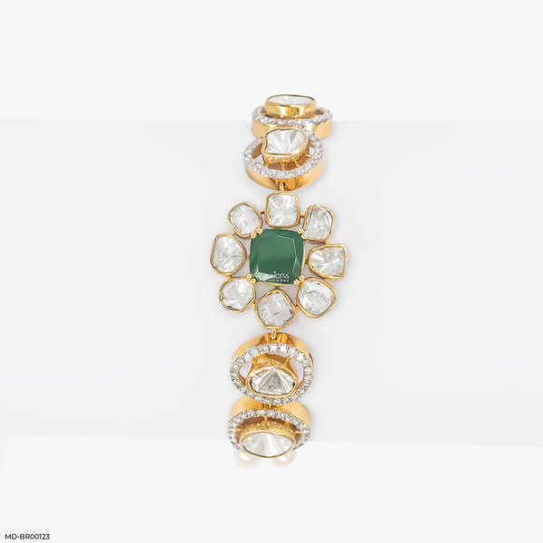 1 Carat Kundan Polki & Emerald Floral Link Lab Diamond Bracelet 14K Yellow Gold