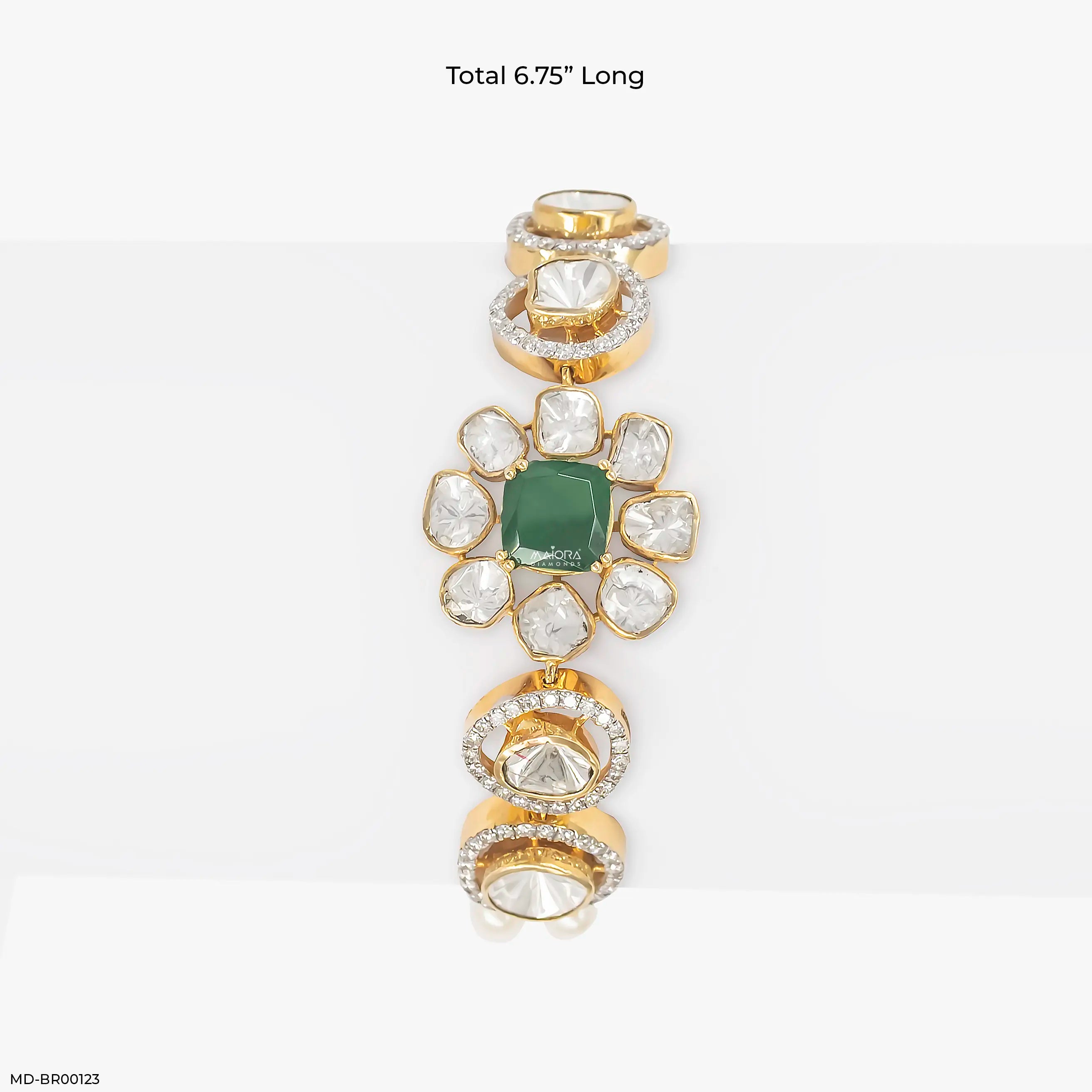 1 Carat Kundan Polki & Emerald Floral Link Lab Diamond Bracelet 14K Yellow Gold