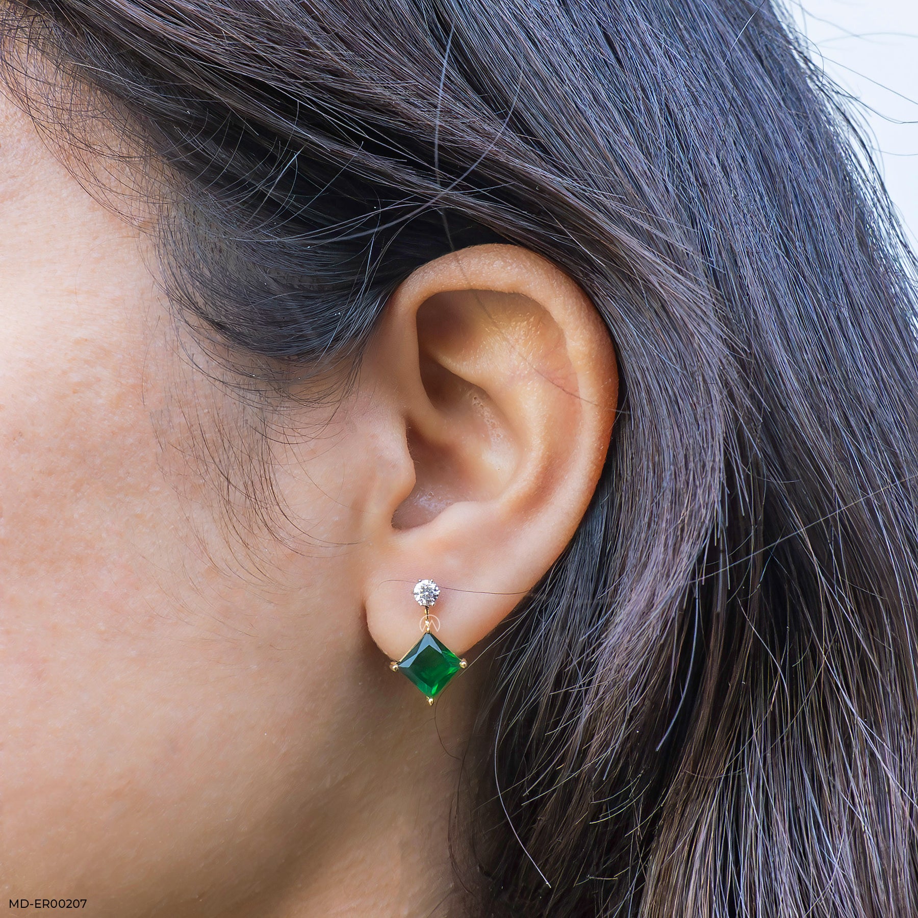 Charming Emerald Diamond Earrings 14K White Gold