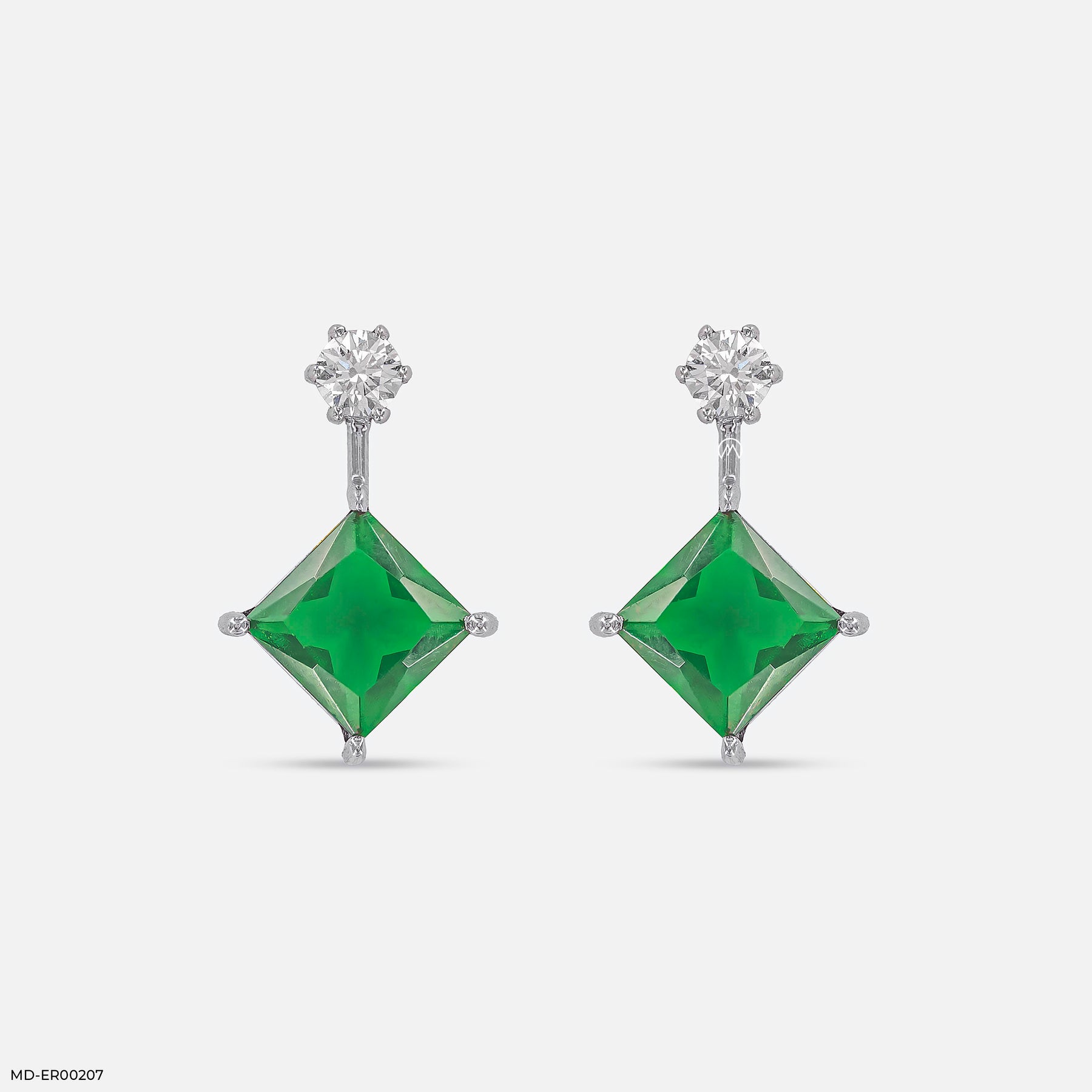 Charming Emerald Diamond Earrings 14K White Gold