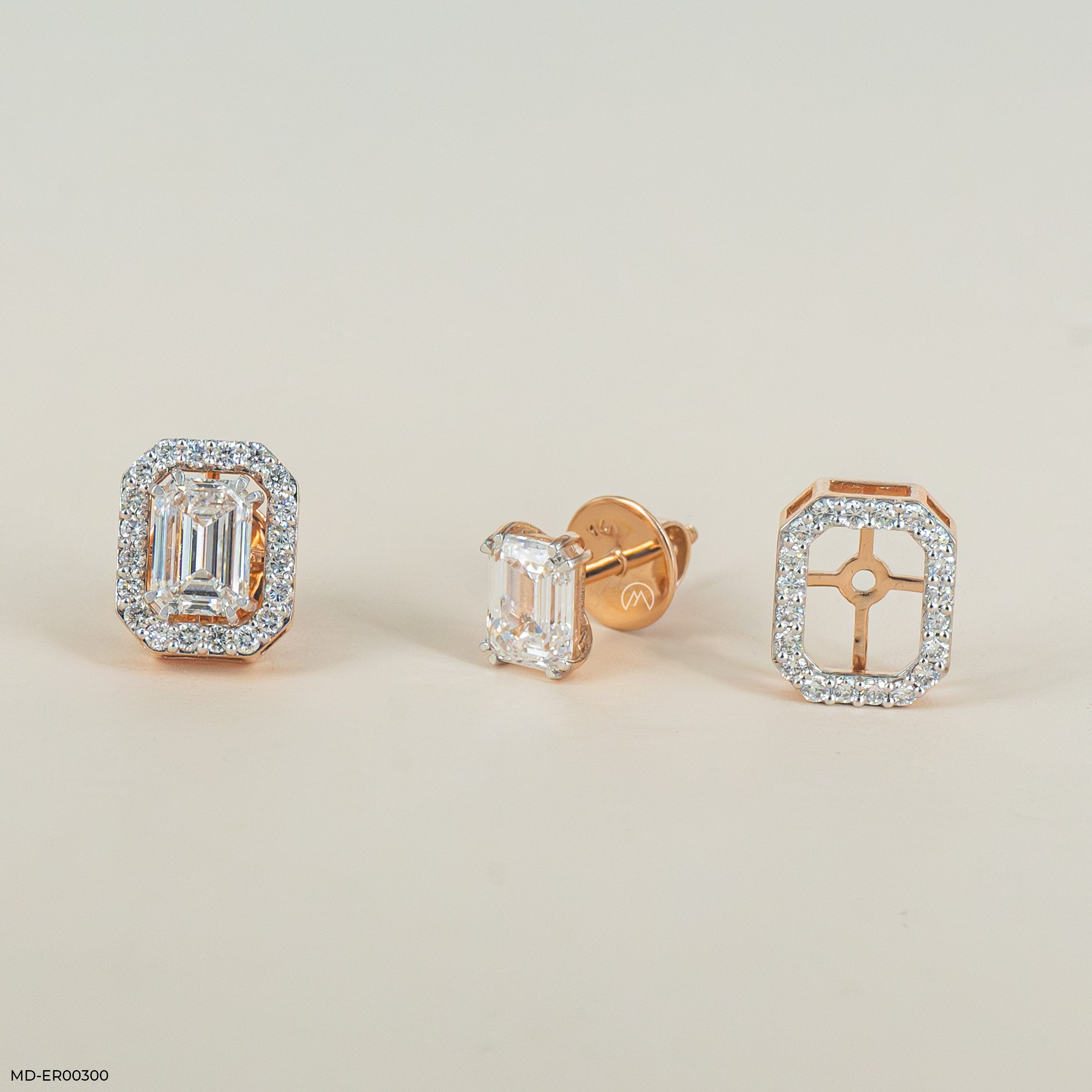2 Carat Emerald Solitaire Halo Detachable Earrings 9K Rose Gold