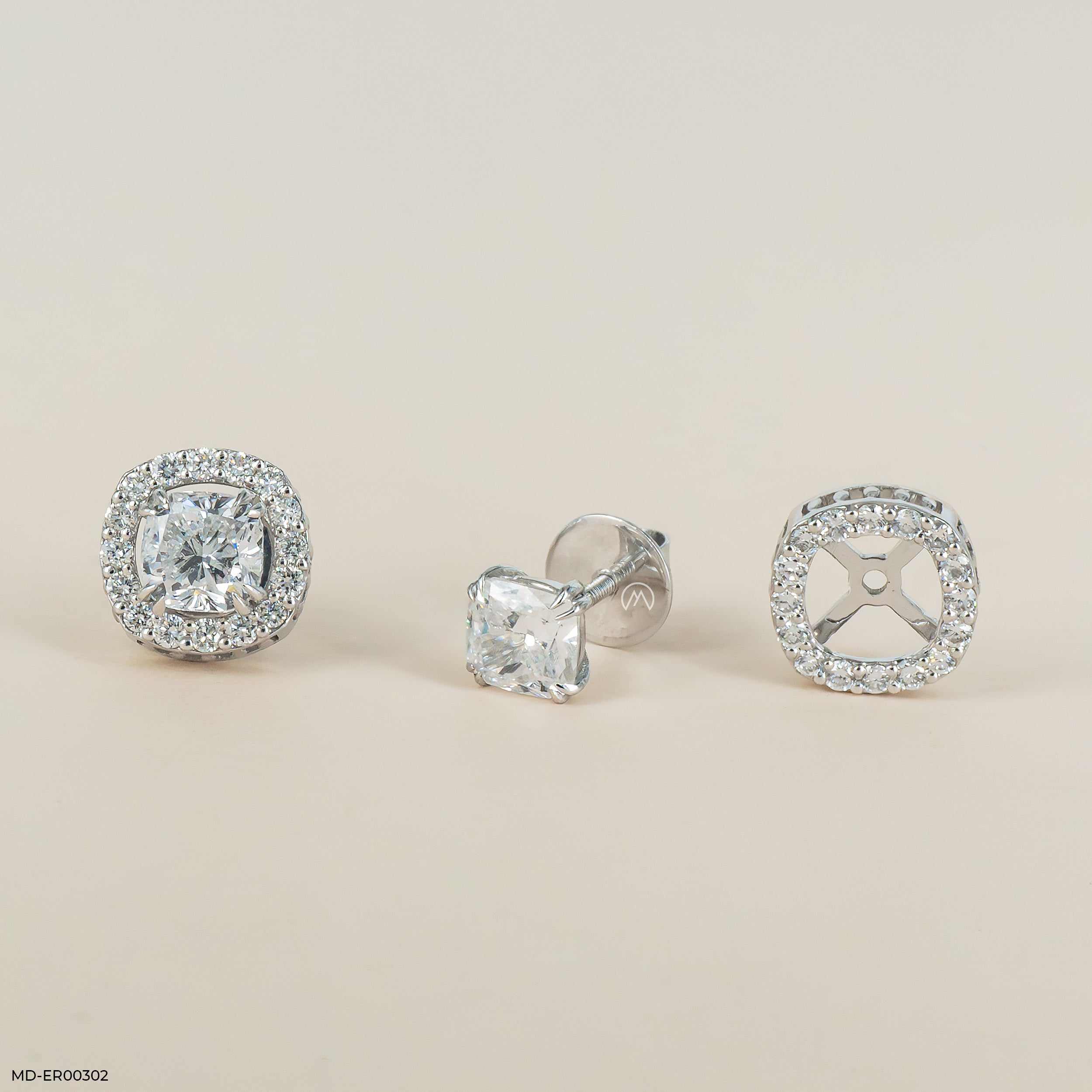 2 Carat Cushion Solitaire Halo Detachable Earrings 14K Rose Gold