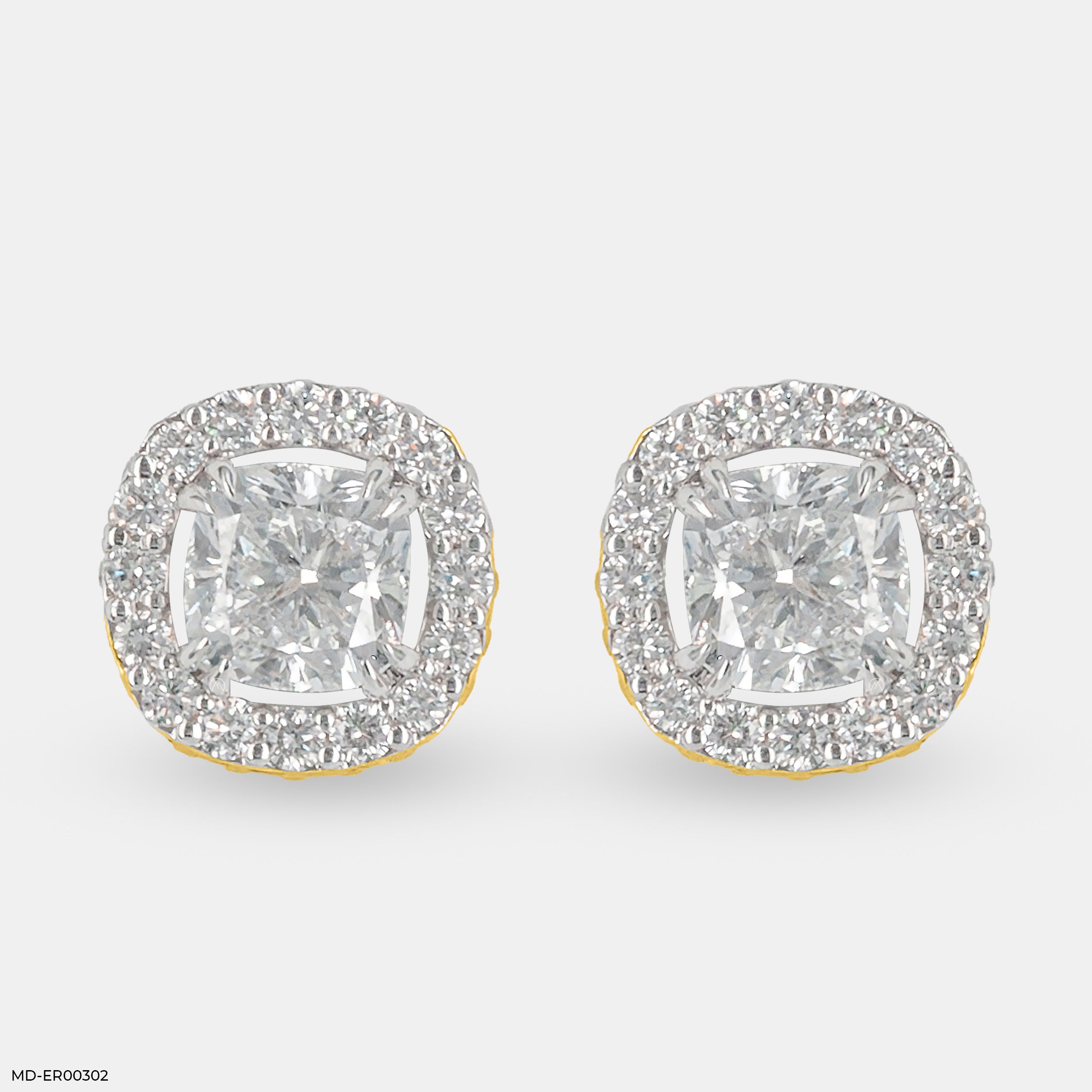 2 Carat Cushion Solitaire Halo Detachable Earrings 14K Yellow Gold