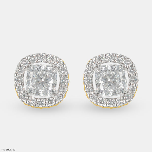 2 Carat Cushion Solitaire Halo Detachable Earrings 18K Yellow Gold