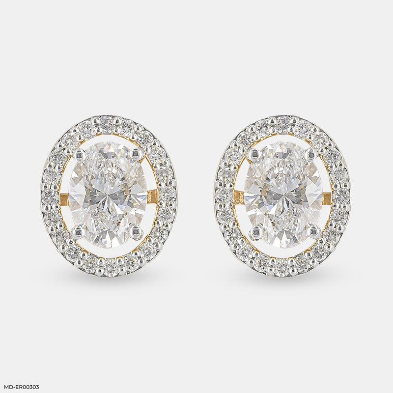 Oval Halo Solitaire Diamond Studs 14K Yellow Gold