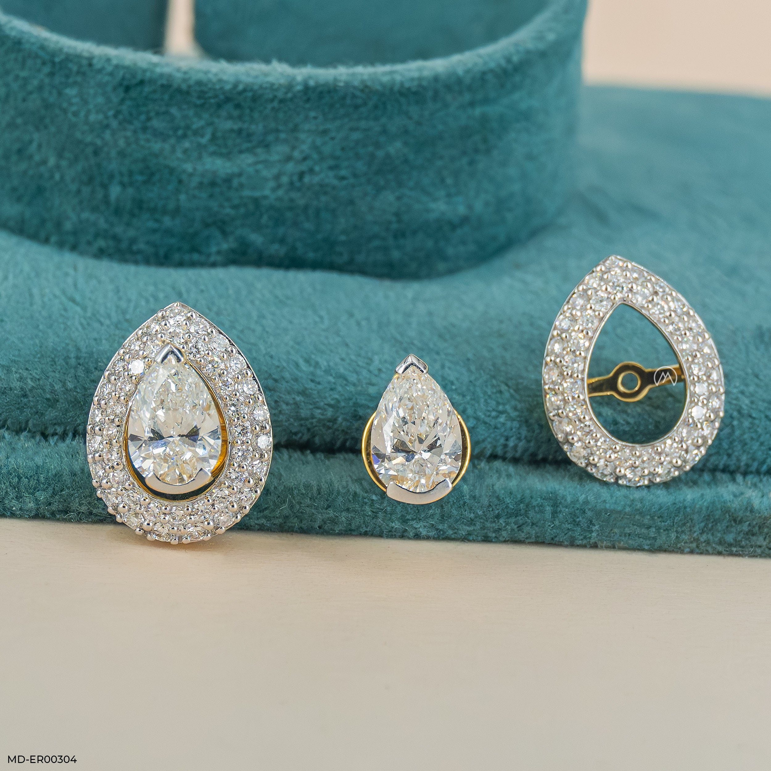 3 Carat Pear Solitaire Halo Detachable Earrings 18K Rose Gold