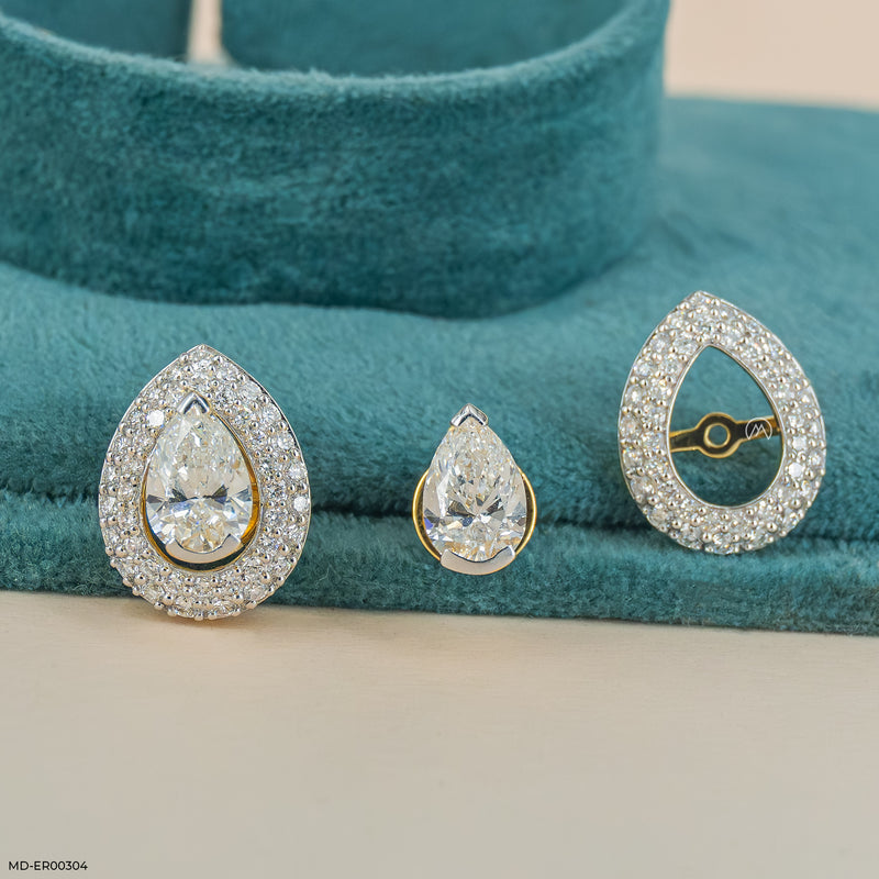 3 Carat Pear Solitaire Halo Detachable Earrings 14K Yellow Gold