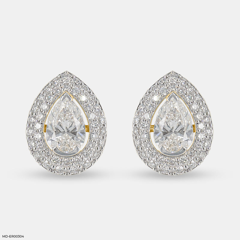 3 Carat Pear Solitaire Halo Detachable Earrings 14K Yellow Gold