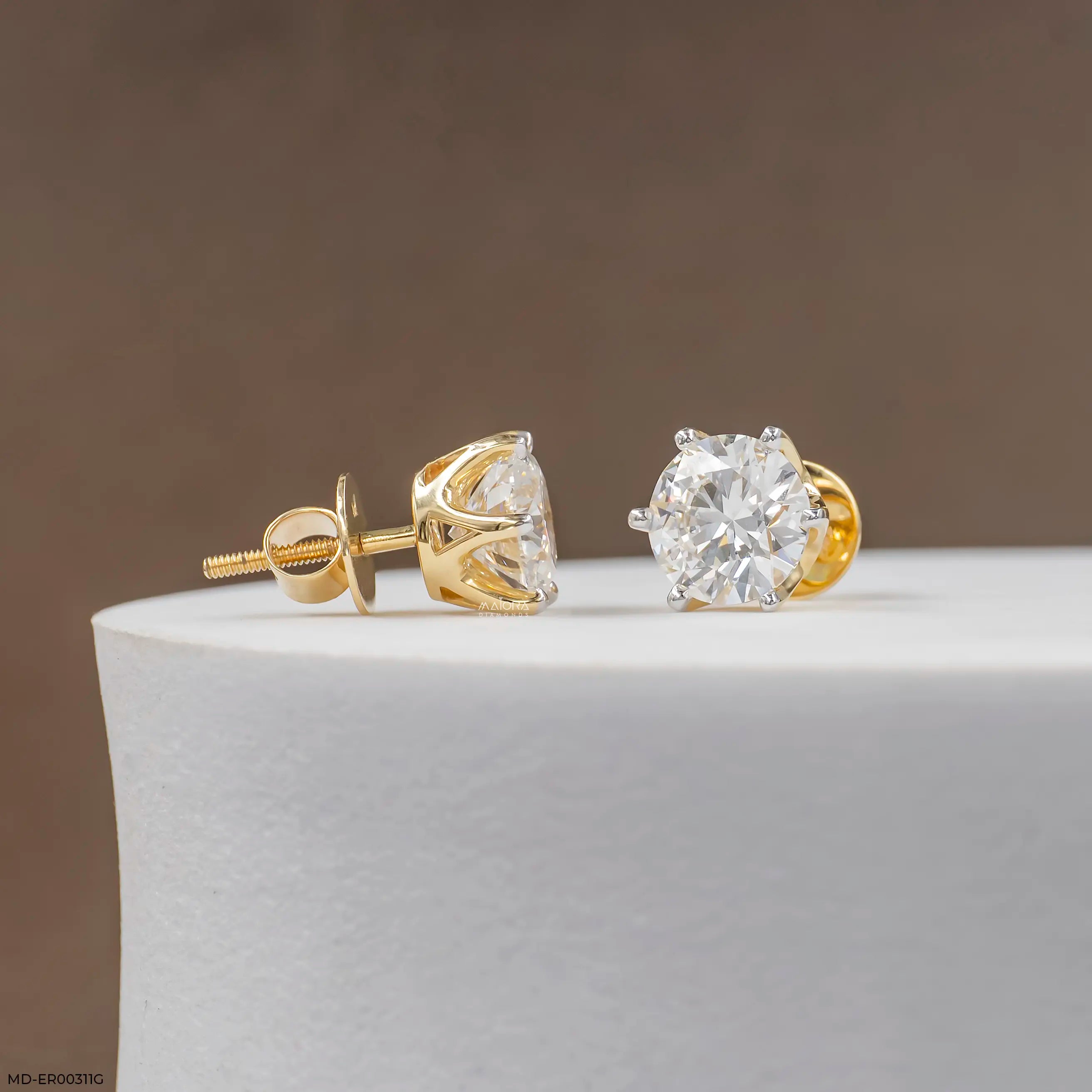 4 Carat Round Classic Solitaire Stud 14K Yellow Gold