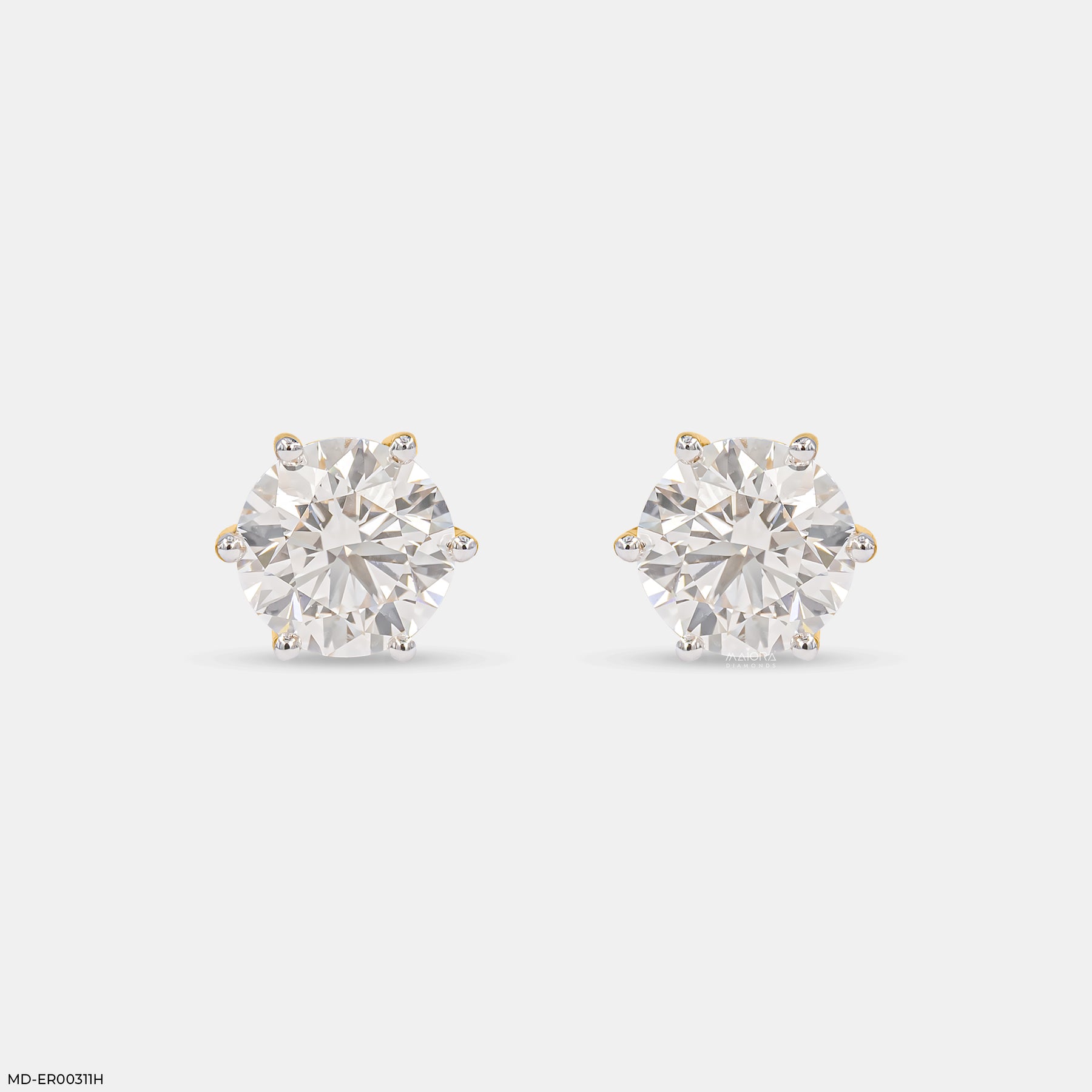 3 Carat Round Brilliant-Cut Lab Diamond Stud Earrings. 14K Yellow Gold