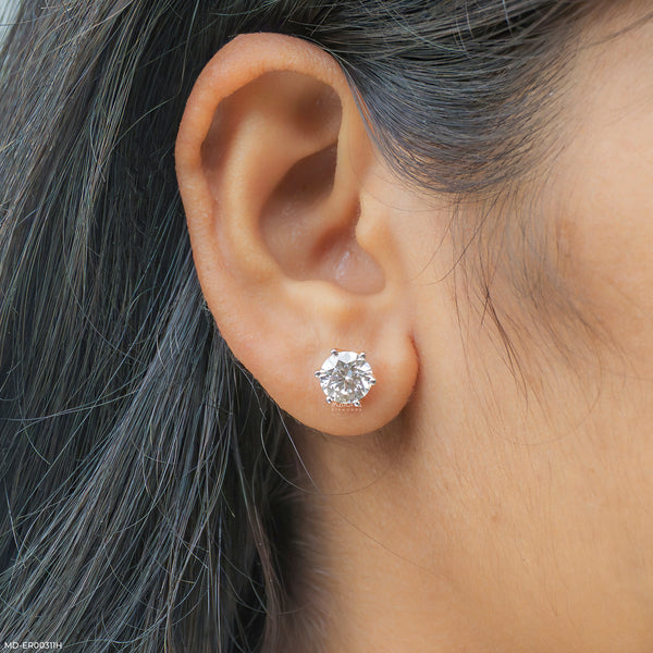 3 Carat Round Brilliant-Cut Lab Diamond Stud Earrings. 14K Yellow Gold