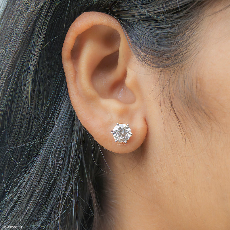 3 Carat Round Brilliant-Cut Lab Diamond Stud Earrings. 14K Yellow Gold