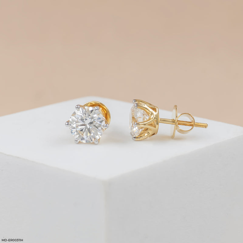 3 Carat Round Brilliant-Cut Lab Diamond Stud Earrings. 14K Yellow Gold