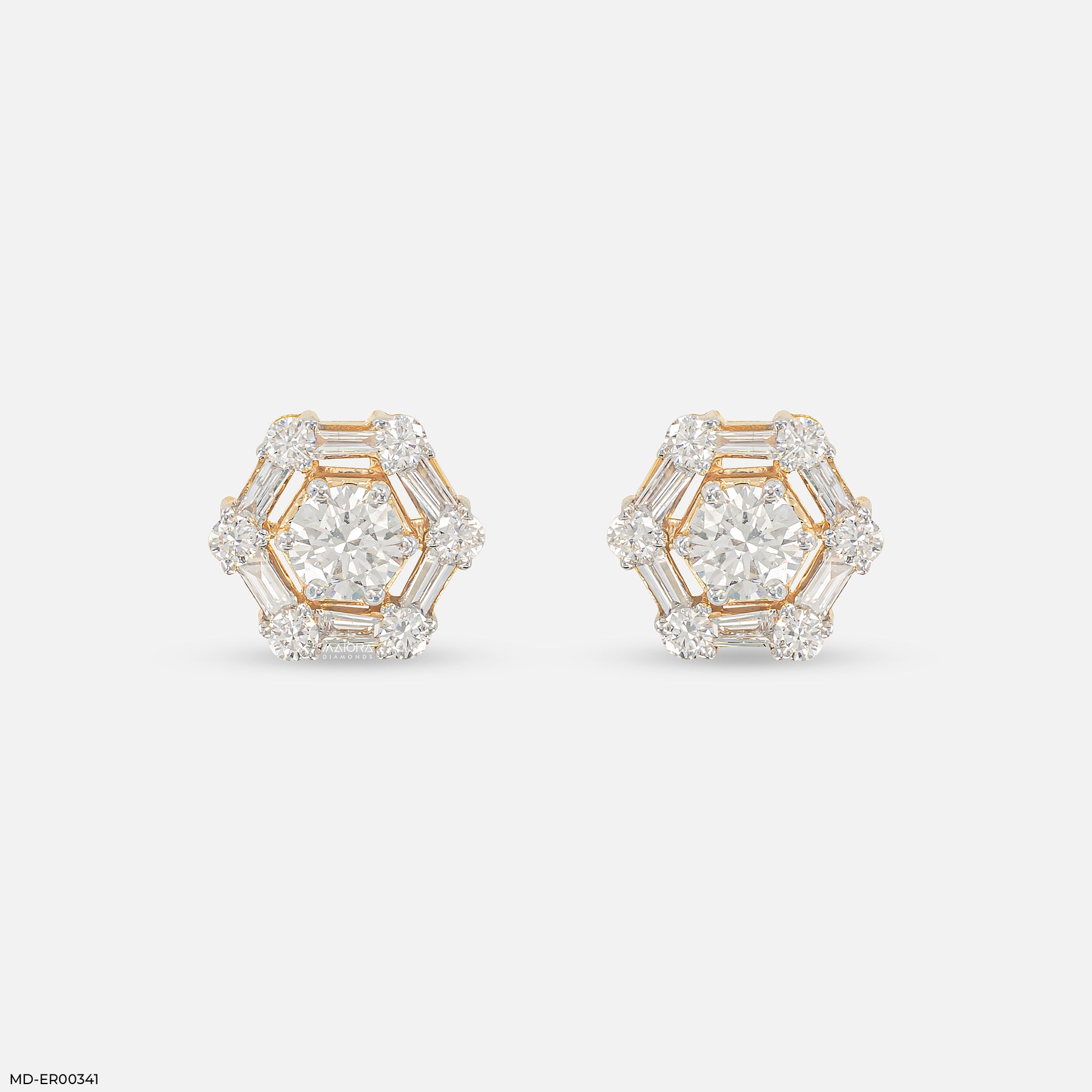 1 Carat Hexagonal Lab Diamond Cluster Stud Earrings 14K Yellow Gold